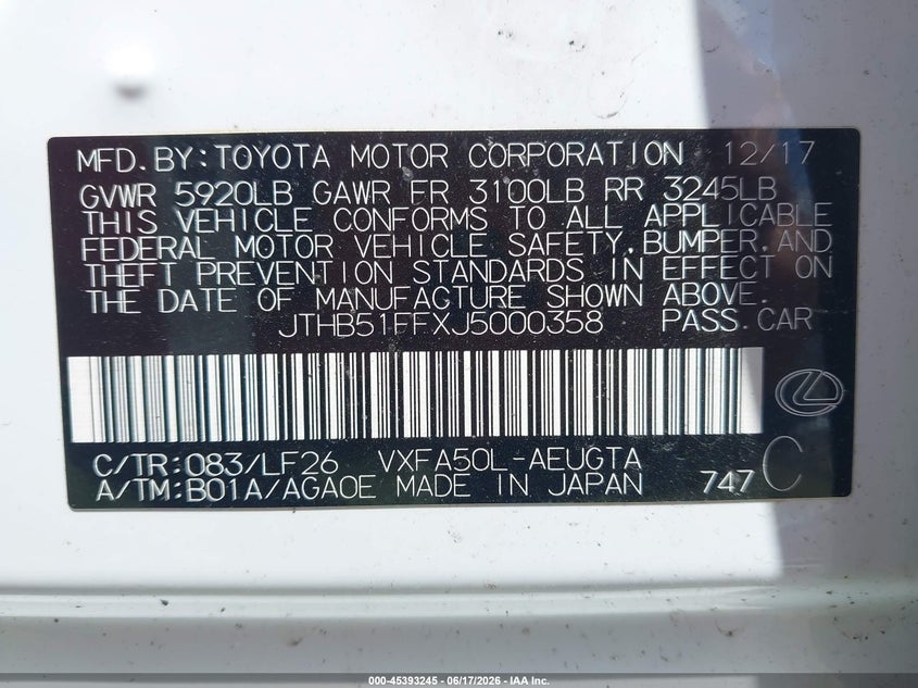 2018 Lexus Ls VIN JTHB51FFXJ5000358 IAAI salvage auction — SIDE, Salvage Title, sold $9,400 on 2026-08-01 (photo 9)