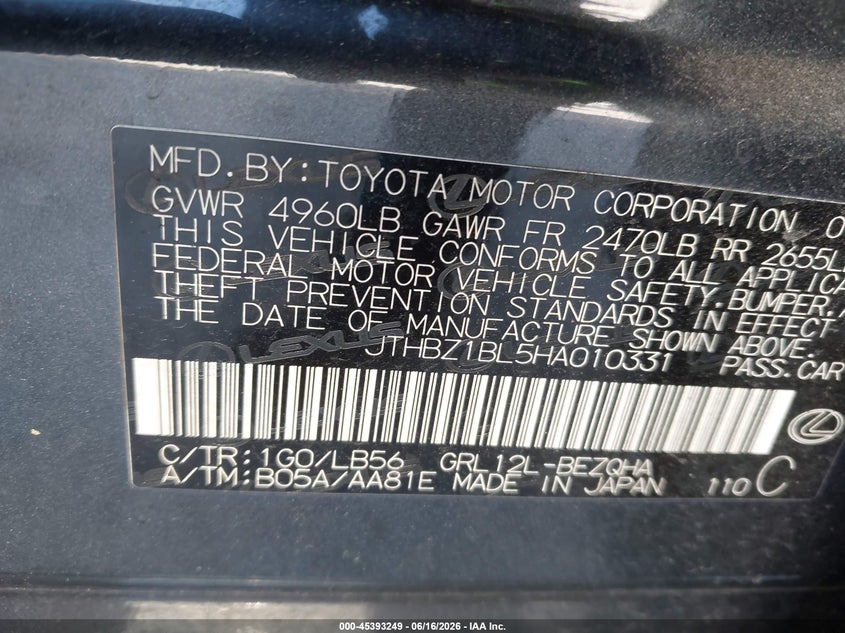 2017 Lexus Gs VIN JTHBZ1BL5HA010331 IAAI salvage auction — FRONT END, Rebuildable (Florida), sold $1,650 on 2026-07-29 (photo 9)