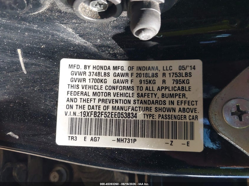 2014 Honda Civic VIN 19XFB2F52EE053834 IAAI salvage auction — REAR END, Clear (Indiana), sold $1,100 on 2026-07-23 (photo 9)