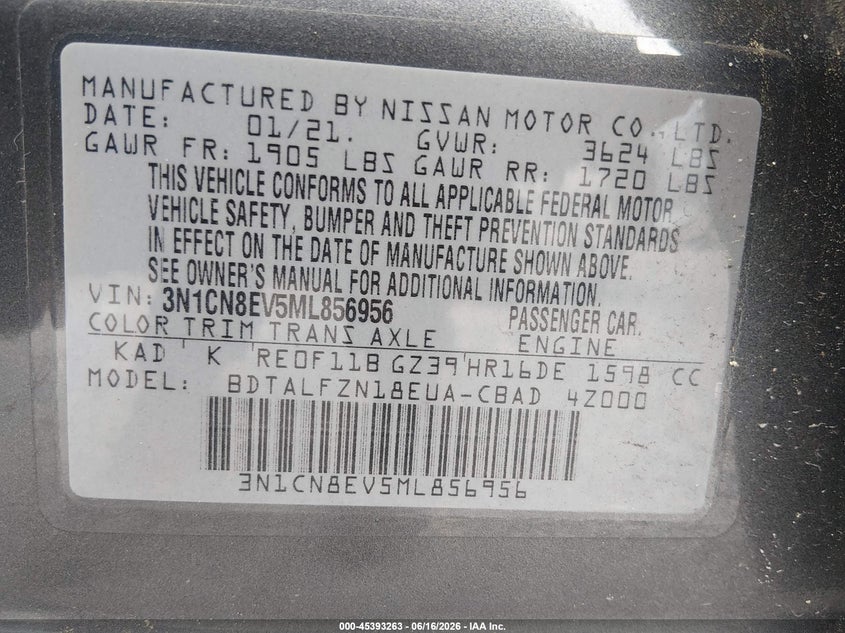 2021 Nissan Versa VIN 3N1CN8EV5ML856956 IAAI salvage auction — SIDE, Salvage (South Carolina), sold $1,750 on 2026-07-09 (photo 9)