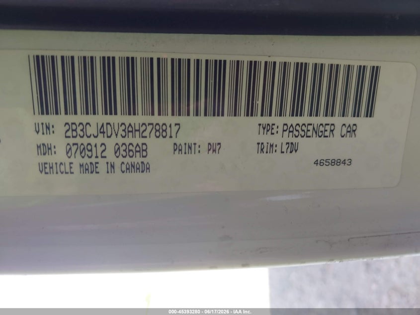 2010 Dodge Challenger VIN 2B3CJ4DV3AH278817 IAAI salvage auction — SIDE, Salvage (Mississippi), sold $750 on 2026-07-10 (photo 9)