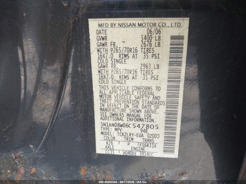 2006 Nissan Xterra VIN 5N1AN08W06C547805 IAAI salvage auction — RIGHT FRONT, Salvage (Connecticut), sold $425 on 2026-07-09 (photo 9)