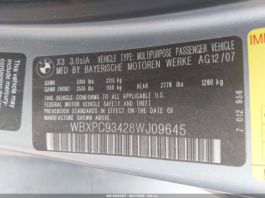 2008 BMW X3 VIN WBXPC93428WJ09645 IAAI salvage auction — NORMAL WEAR, Original (Ohio), sold $475 on 2026-07-14 (photo 9)