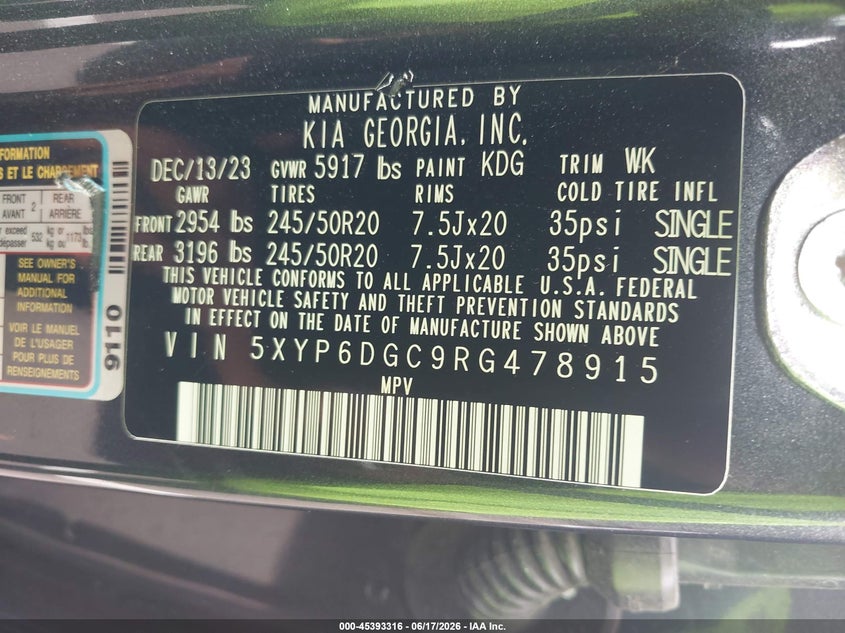 2024 Kia Telluride VIN 5XYP6DGC9RG478915 IAAI salvage auction — FRONT END, Salvage (Tennessee), sold $5,850 on 2026-07-23 (photo 9)