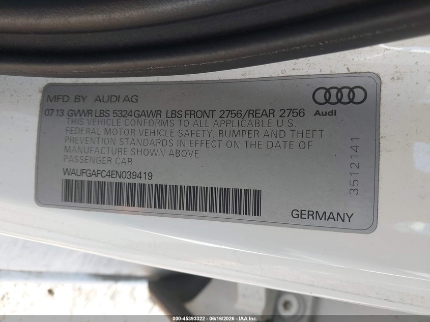 2014 Audi A6 VIN WAUFGAFC4EN039419 IAAI salvage auction — NORMAL WEAR, Clear (New York), sold $450 on 2026-07-14 (photo 9)