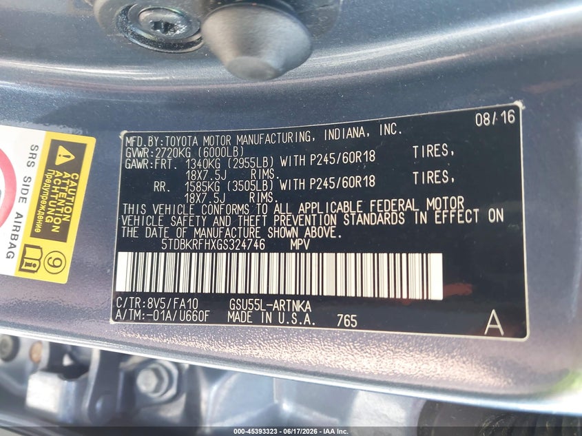 2016 Toyota Highlander VIN 5TDBKRFHXGS324746 IAAI salvage auction — FRONT END, Mv-907A (New York), sold $3,400 on 2026-07-28 (photo 9)