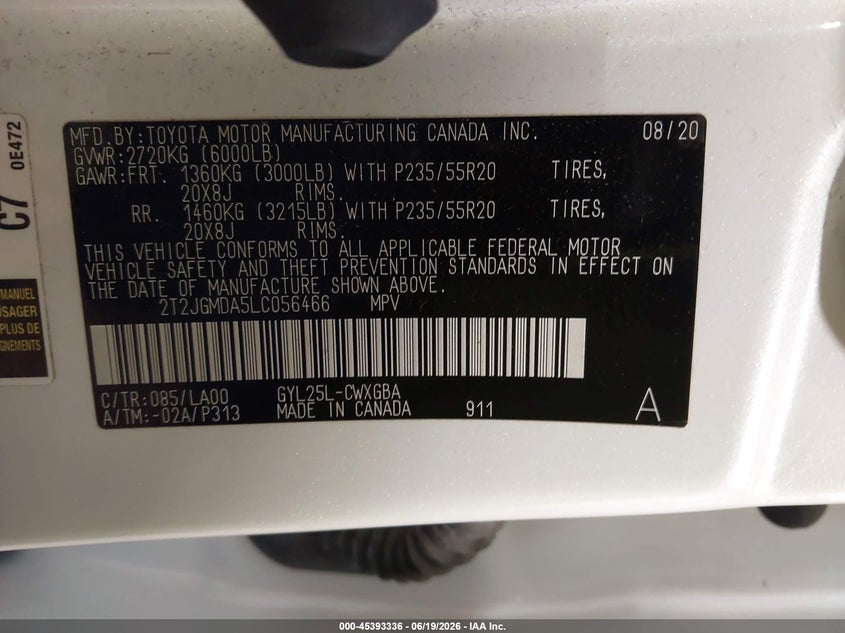 2020 Lexus Rx VIN 2T2JGMDA5LC056466 IAAI salvage auction — FRONT END, Salvage Title, sold $10,300 on 2026-07-28 (photo 9)