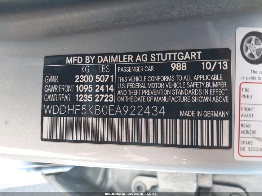 2014 Mercedes-benz VIN WDDHF5KB0EA922434 IAAI salvage auction — FRONT END, Salvage Title, sold $2,600 on 2026-07-15 (photo 9)