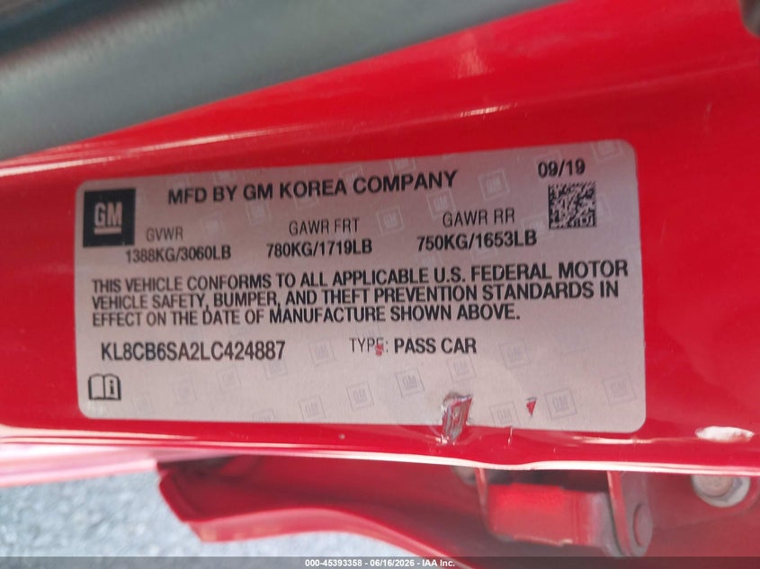 2020 Chevrolet Spark VIN KL8CB6SA2LC424887 IAAI salvage auction — FRONT END, Mv-907A (New York), sold $525 on 2026-07-09 (photo 9)