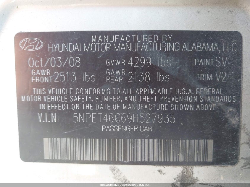 2009 Hyundai Sonata VIN 5NPET46C69H527935 IAAI salvage auction — REAR END, Salvage (Tennessee), sold $350 on 2026-07-09 (photo 9)