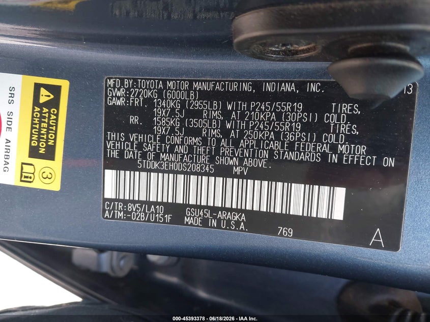 2013 Toyota Highlander VIN 5TDDK3EH0DS208345 IAAI salvage auction — LEFT FRONT, Salvage (North Carolina), sold $6,100 on 2026-07-17 (photo 9)