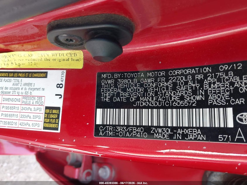 2012 Toyota Prius VIN JTDKN3DU1C1605572 IAAI salvage auction — FRONT END, Salvage (Texas), sold $1,275 on 2026-07-07 (photo 9)