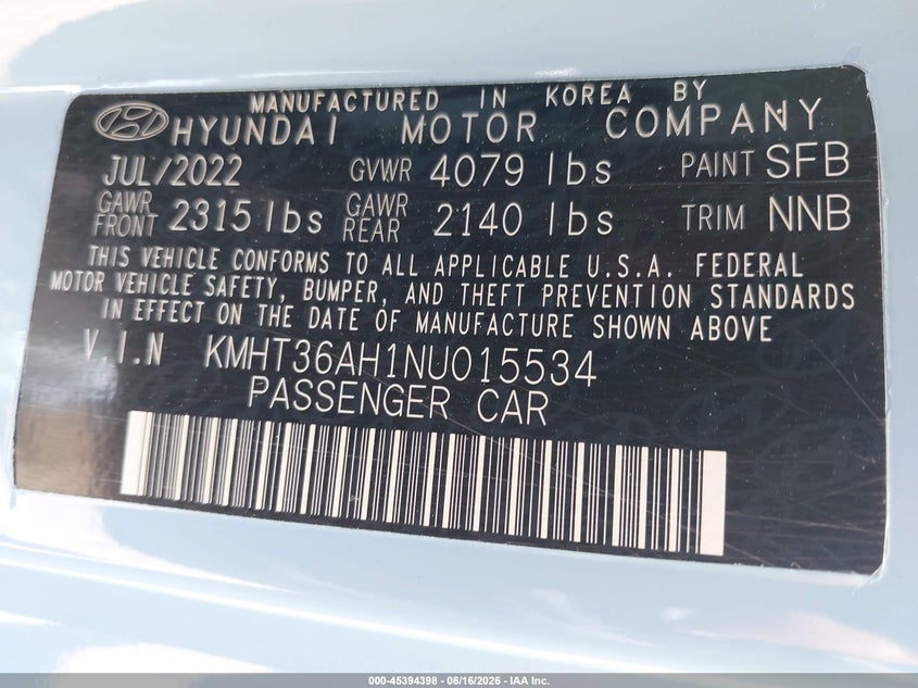 2022 Hyundai Veloster VIN KMHT36AH1NU015534 IAAI salvage auction — FRONT END, Rebuildable (Florida), sold $6,100 on 2026-07-23 (photo 9)