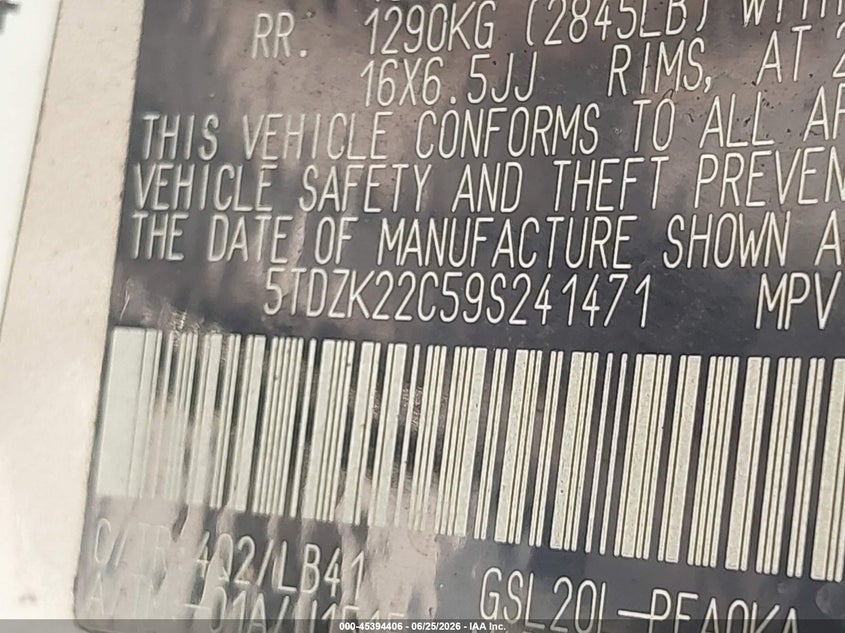 2009 Toyota Sienna VIN 5TDZK22C59S241471 IAAI salvage auction — REPOSSESSION, Nrc Lienholder Repossession Paperwork (Texas), sold $800 on 2026-07-10 (photo 9)