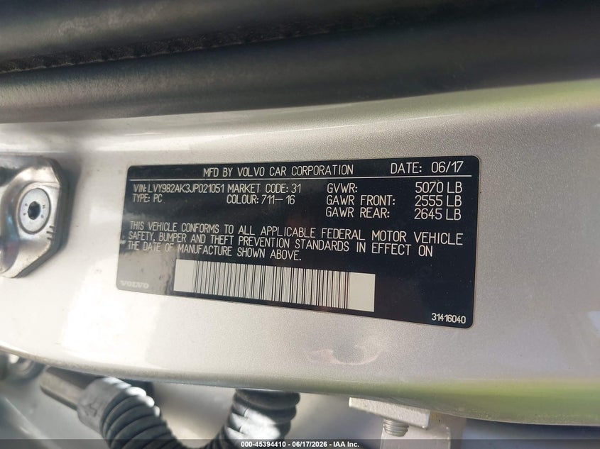 2018 Volvo S90 VIN LVY982AK3JP021051 IAAI salvage auction — FRONT & REAR, Original (Texas), sold $1,750 on 2026-07-23 (photo 9)
