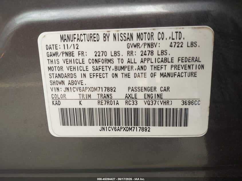 2013 Infiniti G VIN JN1CV6APXDM717892 IAAI salvage auction — FRONT END, Rebuildable (Florida), sold $400 on 2026-07-23 (photo 9)