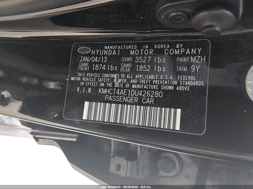 2013 Hyundai Accent VIN KMHCT4AE1DU426280 IAAI salvage auction — REPOSSESSION, Nrc Lienholder Repossession Paperwork (Texas), sold $1,000 on 2026-07-17 (photo 9)