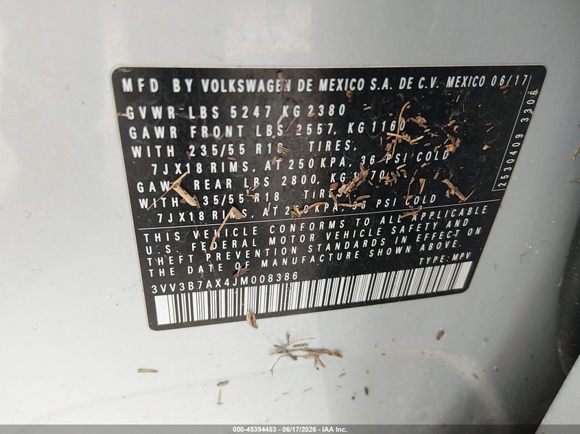 2018 Volkswagen Tiguan VIN 3VV3B7AX4JM008386 IAAI salvage auction — WATER/FLOOD, Salvage (Texas), sold $2,900 on 2026-07-23 (photo 9)