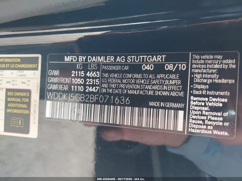 2011 Mercedes-benz E-class VIN WDDKJ5GB2BF071636 IAAI salvage auction — LEFT FRONT, Salvage (California), sold $425 on 2026-08-05 (photo 9)
