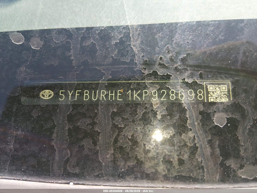 2019 Toyota Corolla VIN 5YFBURHE1KP928698 IAAI salvage auction — LEFT FRONT, Clear (Texas), sold $5,900 on 2026-07-08 (photo 9)