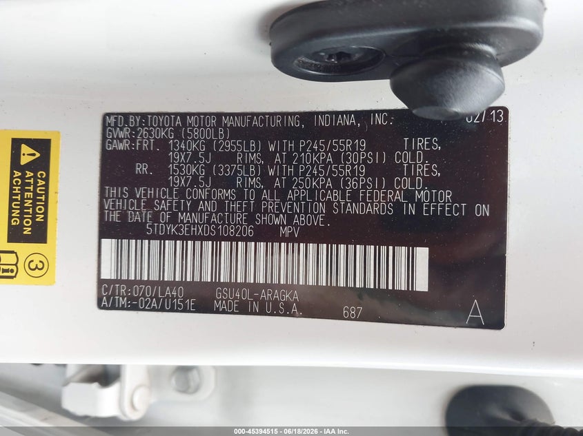 2013 Toyota Highlander VIN 5TDYK3EHXDS108206 IAAI salvage auction — FRONT END, Salvage (Tennessee), sold $1,100 on 2026-07-16 (photo 9)