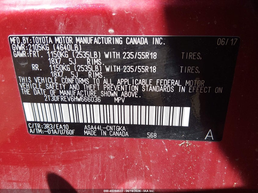 2017 Toyota Rav 4 VIN 2T3DFREV6HW666036 IAAI salvage auction — FRONT END, Salvage (Vermont), sold $4,750 on 2026-07-18 (photo 9)