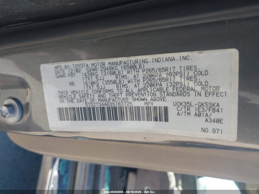 2003 Toyota Sequoia VIN 5TDZT34A63S163725 IAAI salvage auction — THEFT, Salvage (California), sold $25 on 2026-07-21 (photo 9)