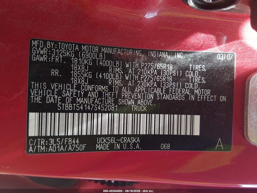 2007 Toyota Tundra VIN 5TBBT54147S452081 IAAI salvage auction — MECHANICAL, Salvage (Connecticut), sold $2,050 on 2026-07-16 (photo 9)
