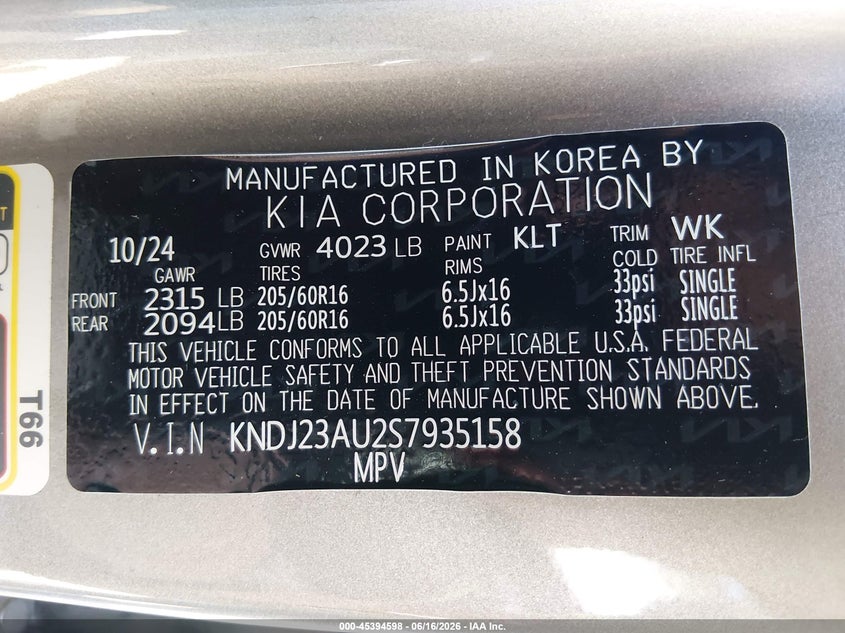 2025 Kia Soul VIN KNDJ23AU2S7935158 IAAI salvage auction — SIDE, Salvage (Tennessee), sold $5,100 on 2026-07-09 (photo 9)