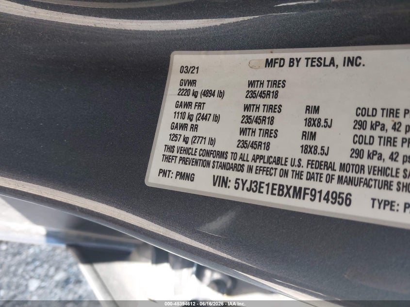 2021 Tesla Model 3 VIN 5YJ3E1EBXMF914956 IAAI salvage auction — FRONT END, Salvage Title, sold $5,500 on 2026-09-05 (photo 9)