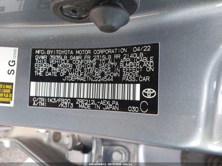 2022 Toyota Corolla VIN JTDEPMAE1NJ224544 IAAI salvage auction — FRONT END, Salvage (North Carolina), sold $4,725 on 2026-07-26 (photo 9)