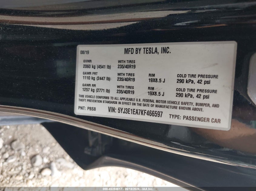 2019 Tesla Model 3 VIN 5YJ3E1EA7KF466597 IAAI salvage auction — FRONT END, Mv-907A (New York), sold $4,250 on 2026-07-09 (photo 9)