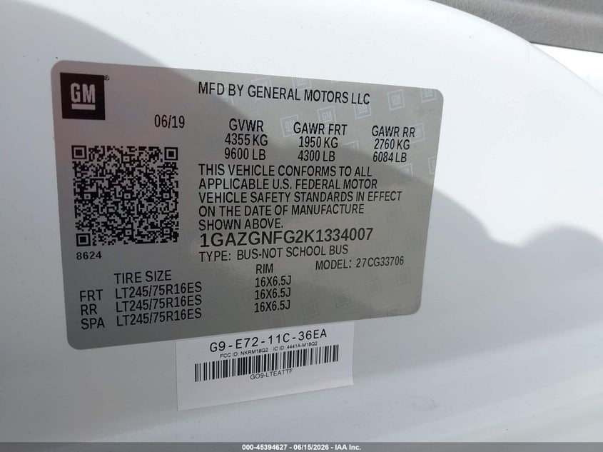 2019 Chevrolet VIN 1GAZGNFG2K1334007 IAAI salvage auction — NORMAL WEAR, SF97 (Florida), sold $10,900 on 2026-09-09 (photo 9)