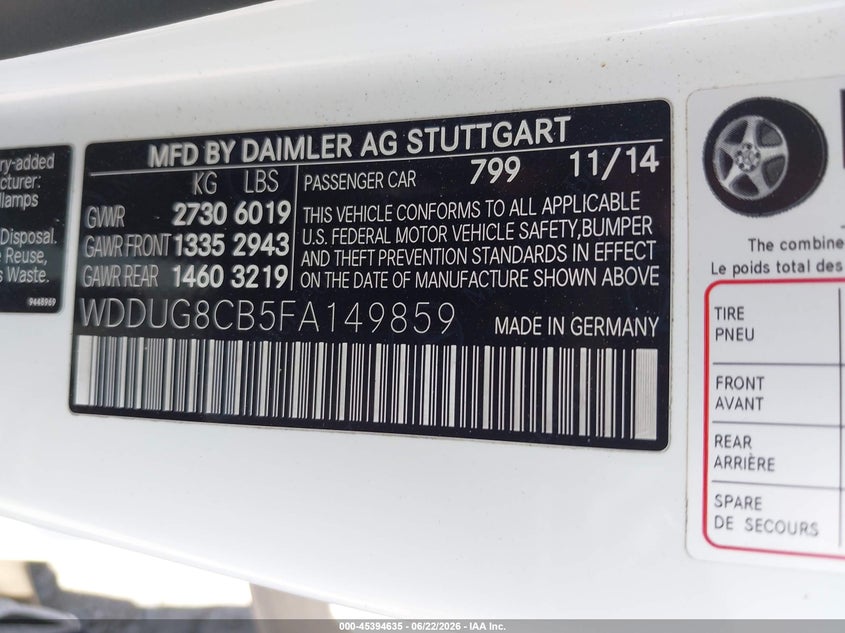 2015 Mercedes-benz S-klasse VIN WDDUG8CB5FA149859 IAAI salvage auction — RIGHT SIDE, Salvage Title, sold $9,350 on 2026-08-05 (photo 9)