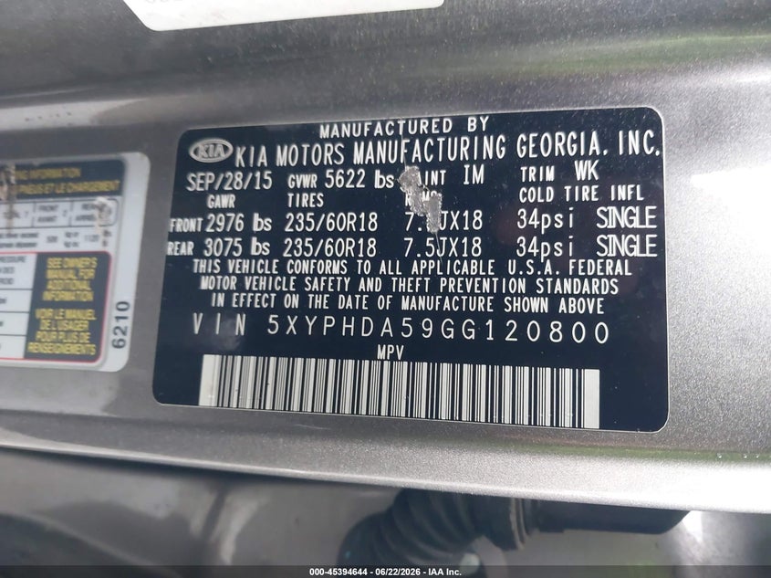 2016 Kia Sorento VIN 5XYPHDA59GG120800 IAAI salvage auction — NORMAL WEAR, Clear (New York), sold $2,650 on 2026-07-09 (photo 9)