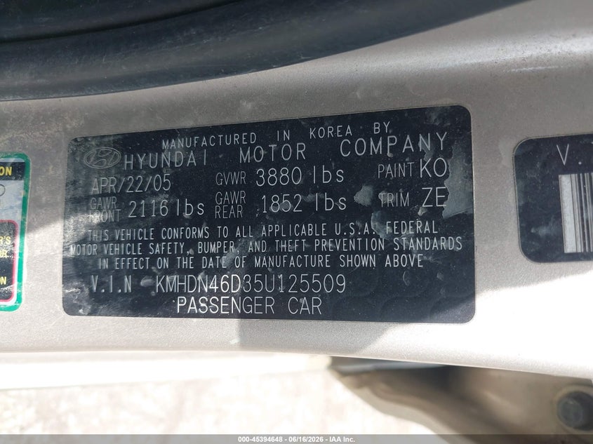2005 Hyundai Elantra VIN KMHDN46D35U125509 IAAI salvage auction — WATER/FLOOD, Salvage (Kansas), sold $425 on 2026-07-22 (photo 9)