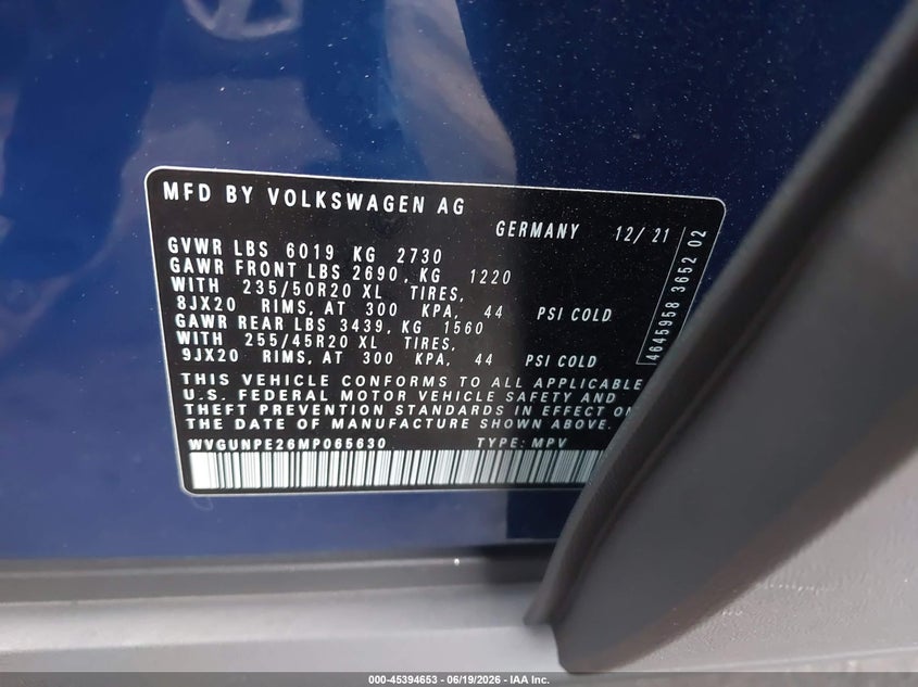 2021 Volkswagen Id.4 VIN WVGUNPE26MP065630 IAAI salvage auction — FRONT END, Salvage Title, sold $25 on 2026-07-24 (photo 9)