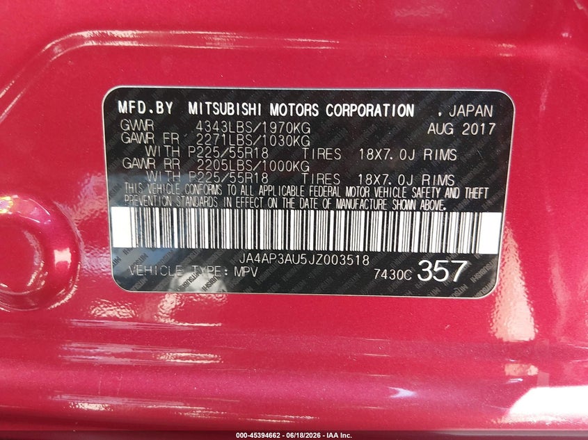 2018 Mitsubishi Outlander VIN JA4AP3AU5JZ003518 IAAI salvage auction — FRONT END, Clear (Arizona), sold $25 on 2026-07-28 (photo 9)