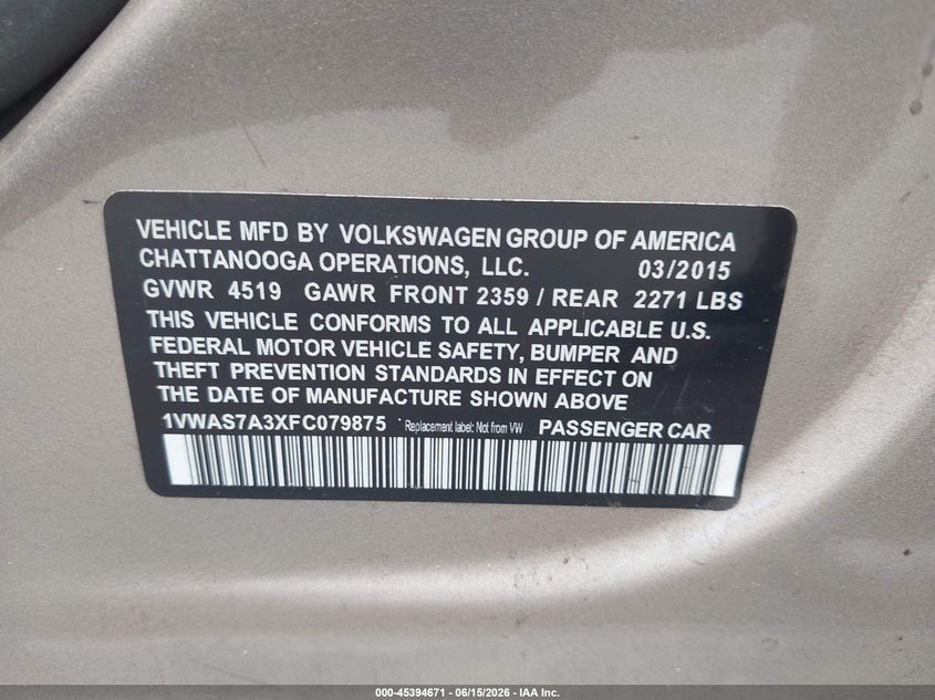 2015 Volkswagen Passat VIN 1VWAS7A3XFC079875 IAAI salvage auction — BIO HAZARD, Rebuildable (Florida), sold $650 on 2026-08-03 (photo 9)