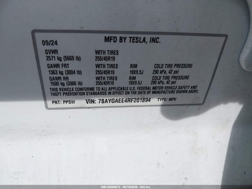 2024 Tesla Model y VIN 7SAYGAEE4RF201894 IAAI salvage auction — LEFT FRONT, Salvage (Indiana), sold $9,400 on 2026-07-11 (photo 9)