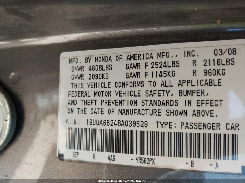 2008 Acura Tl VIN 19UUA66248A039529 IAAI salvage auction — NORMAL WEAR, Original (Texas), sold $175 on 2026-07-20 (photo 9)
