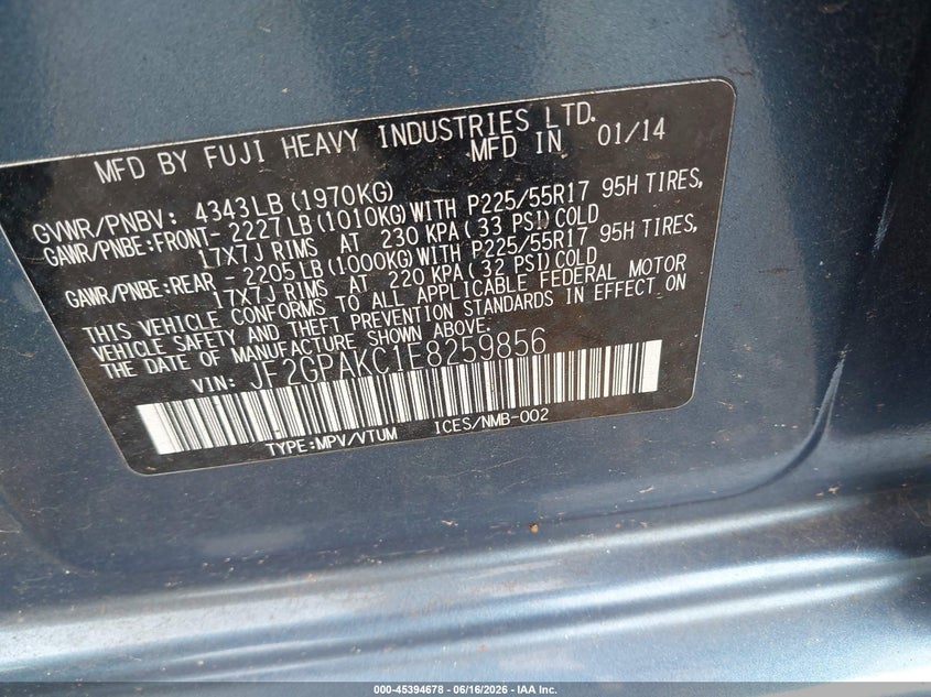 2014 Subaru Xv VIN JF2GPAKC1E8259856 IAAI salvage auction — RIGHT FRONT, Salvage (South Carolina), sold $1,050 on 2026-07-14 (photo 9)