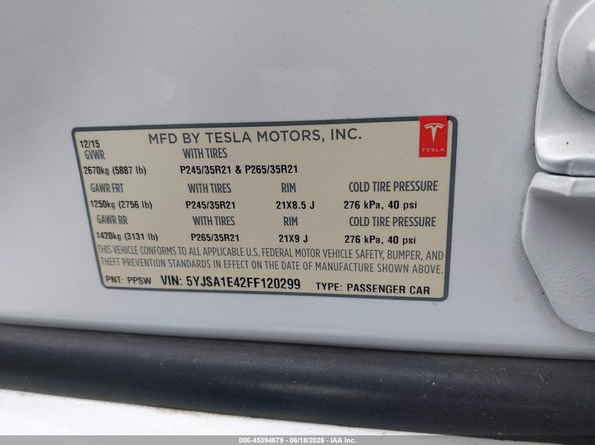 2015 Tesla Model s VIN 5YJSA1E42FF120299 IAAI salvage auction — LEFT FRONT, Salvage Title, sold $3,750 on 2026-07-12 (photo 9)