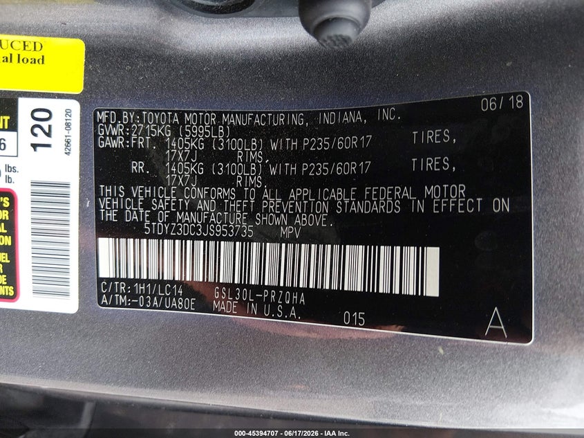 2018 Toyota Sienna VIN 5TDYZ3DC3JS953735 IAAI salvage auction — FRONT END, Salvage (Louisiana), sold $6,600 on 2026-07-15 (photo 9)