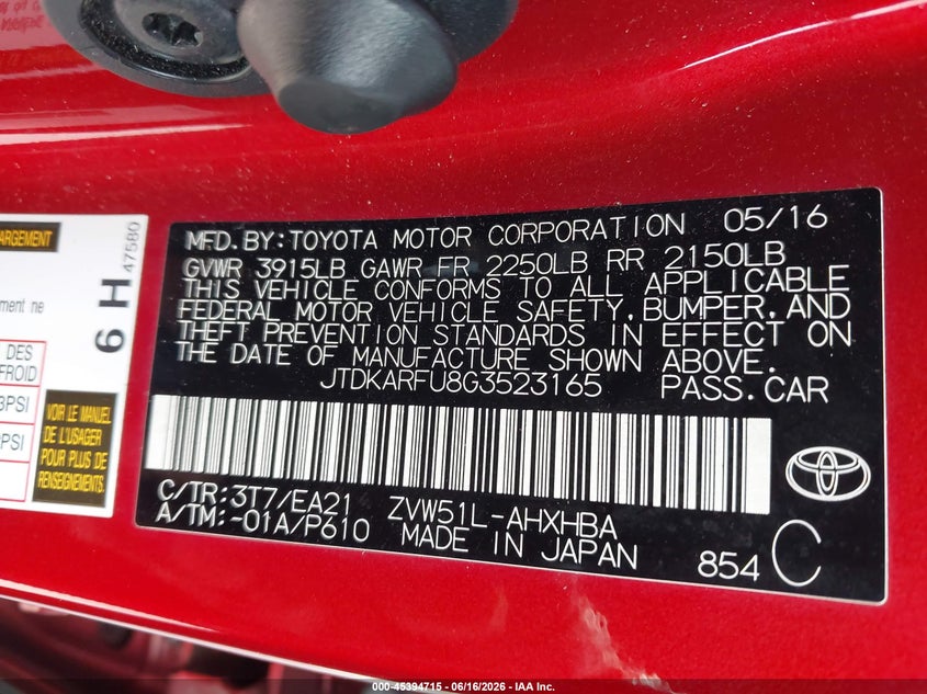 2016 Toyota Prius VIN JTDKARFU8G3523165 IAAI salvage auction — FRONT END, Salvage (California), sold $1,875 on 2026-07-15 (photo 9)