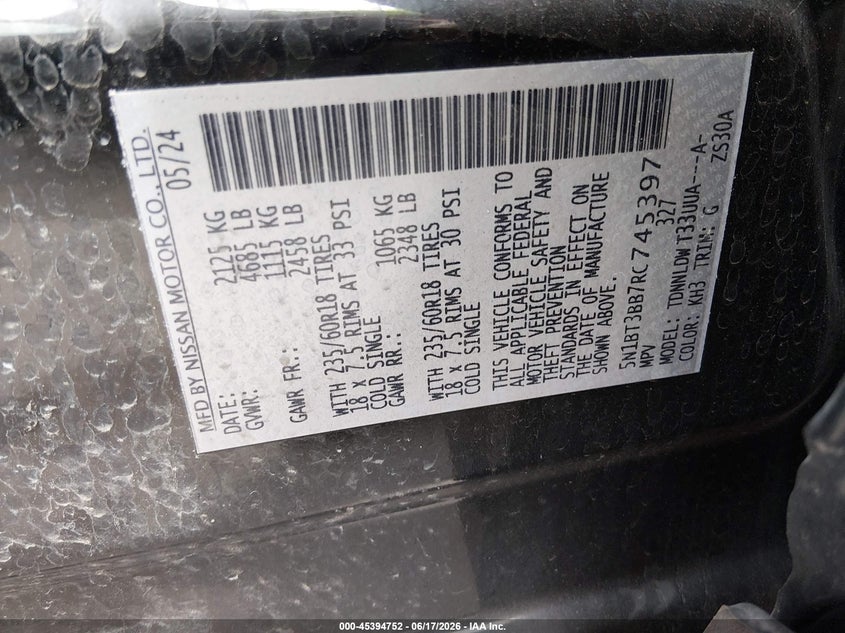 2024 Nissan Rogue VIN 5N1BT3BB7RC745397 IAAI salvage auction — HAIL, Salvage Title, sold $9,500 on 2026-07-28 (photo 9)