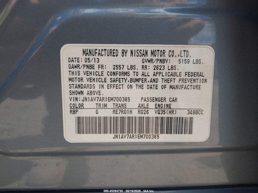 2014 Infiniti Q50 VIN JN1AV7AR1EM700365 IAAI salvage auction — LEFT FRONT, Clear (Massachusetts), sold $650 on 2026-07-07 (photo 9)