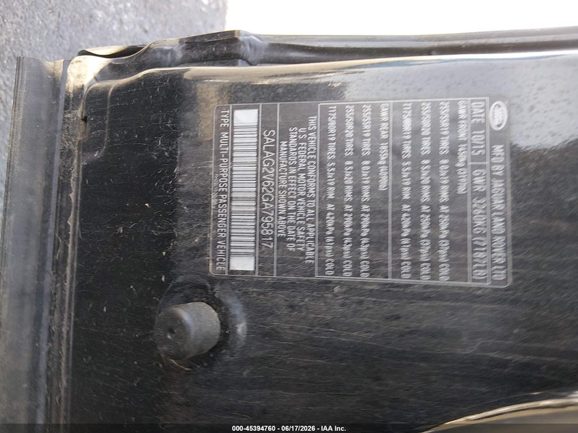 2016 Land rover Lr4 VIN SALAG2V62GA795817 IAAI salvage auction — NORMAL WEAR, Salvage (Nevada), sold $1,450 on 2026-07-24 (photo 9)