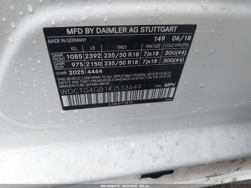 2019 Mercedes-benz VIN WDCTG4GB1KJ533649 IAAI salvage auction — LEFT FRONT, Salvage Title, sold $1,050 on 2026-07-21 (photo 9)