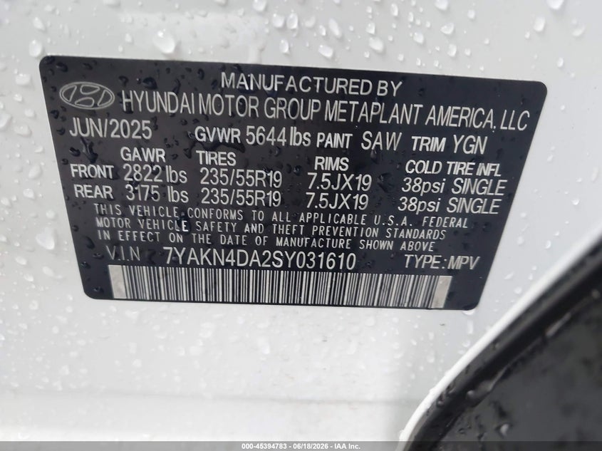 2025 Hyundai Ioniq 5 VIN 7YAKN4DA2SY031610 IAAI salvage auction — FRONT END, Salvage Title, sold $9,700 on 2026-08-19 (photo 9)